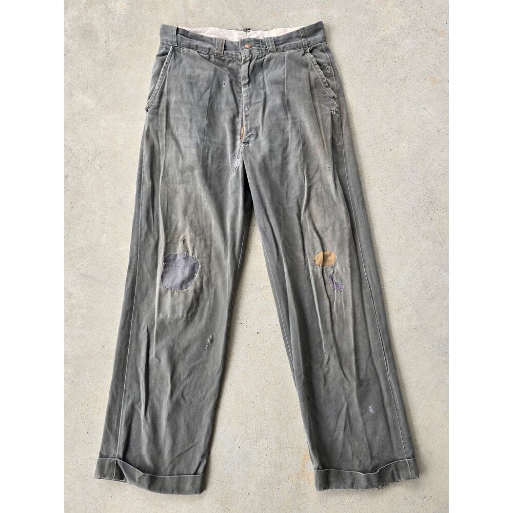 Vintage 50s Grey Sanforized Sail Cloth Workwear Chinos 31x29 Patched Repaired